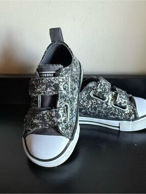 Converse All Star Infant 5 Metallic Glitter Velcro Sneakers Black Silver